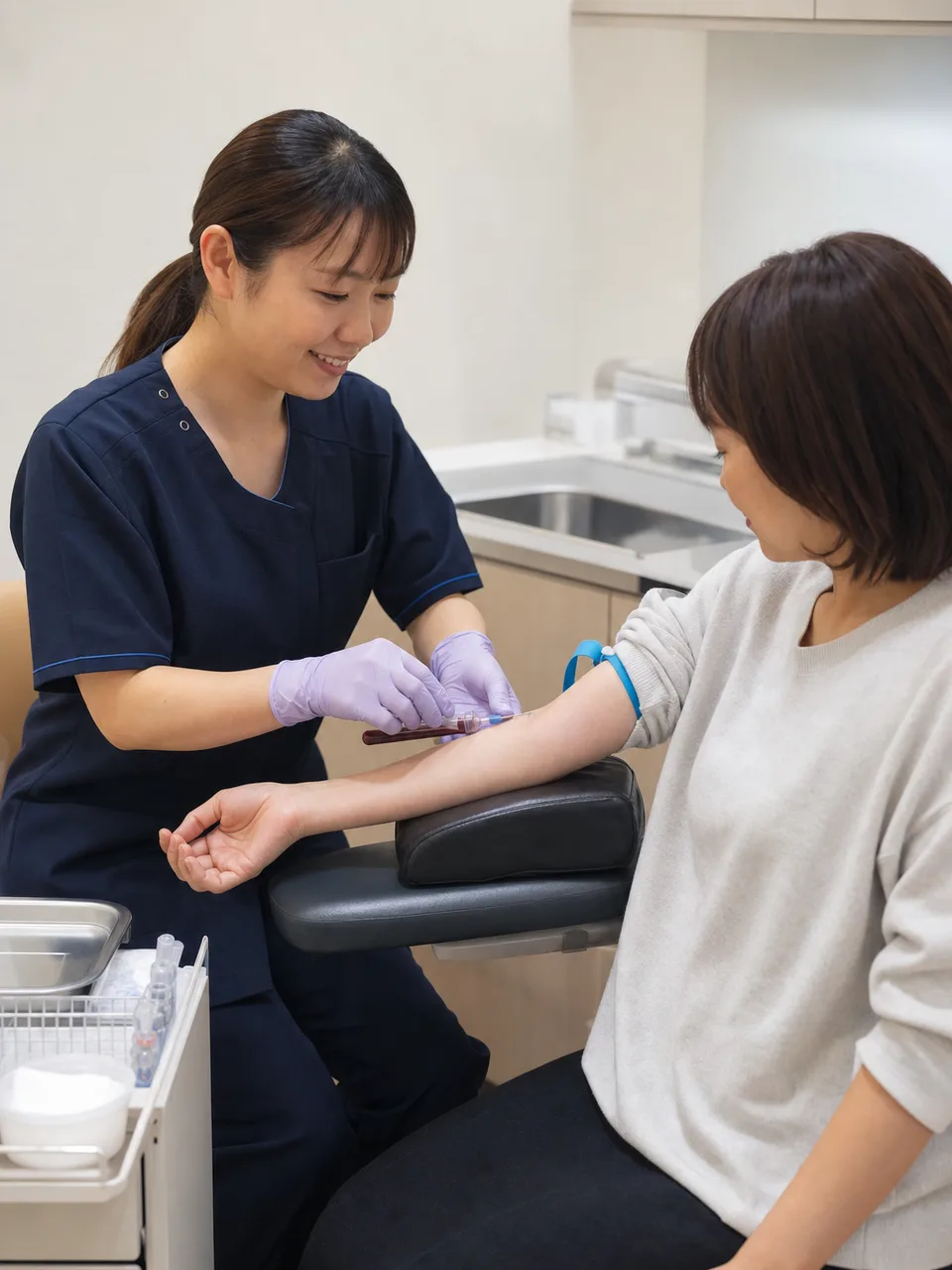 採血を受ける日本人患者（自然な縦位置写真）。採血、血液検査、健康診断、看護の記事向け素材です。