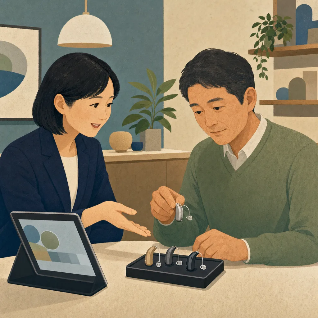 補聴器を調整する日本人専門家（編集記事向け）。補聴器、認定補聴器技能者、聞こえ、聴覚支援の記事や案内に使える商用素材です。