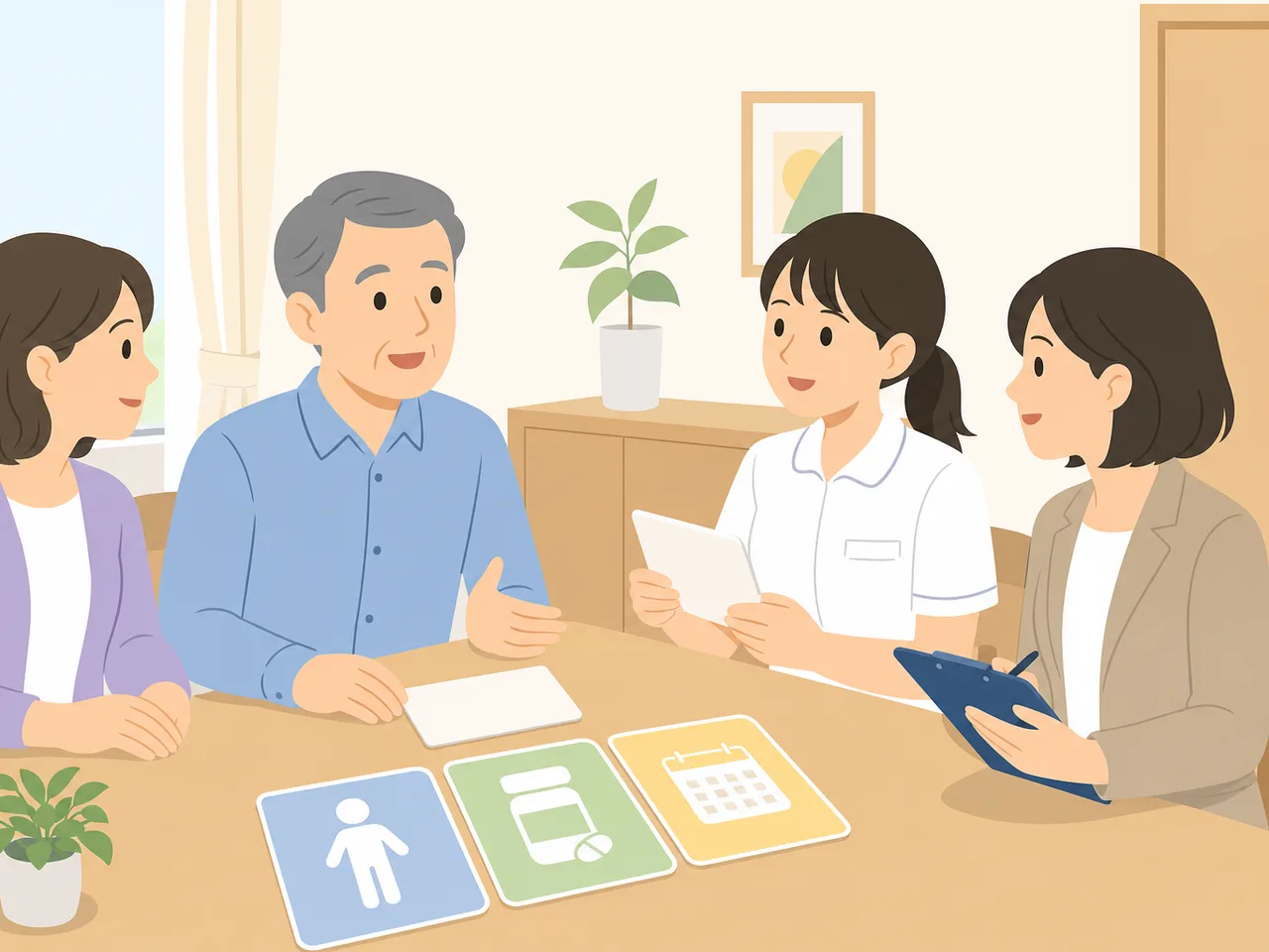 退院後の生活を計画する日本人家族（フラットイラスト）。退院支援、退院調整、医療ソーシャルワーカー、家族相談の記事や案内に使える商用素材です。