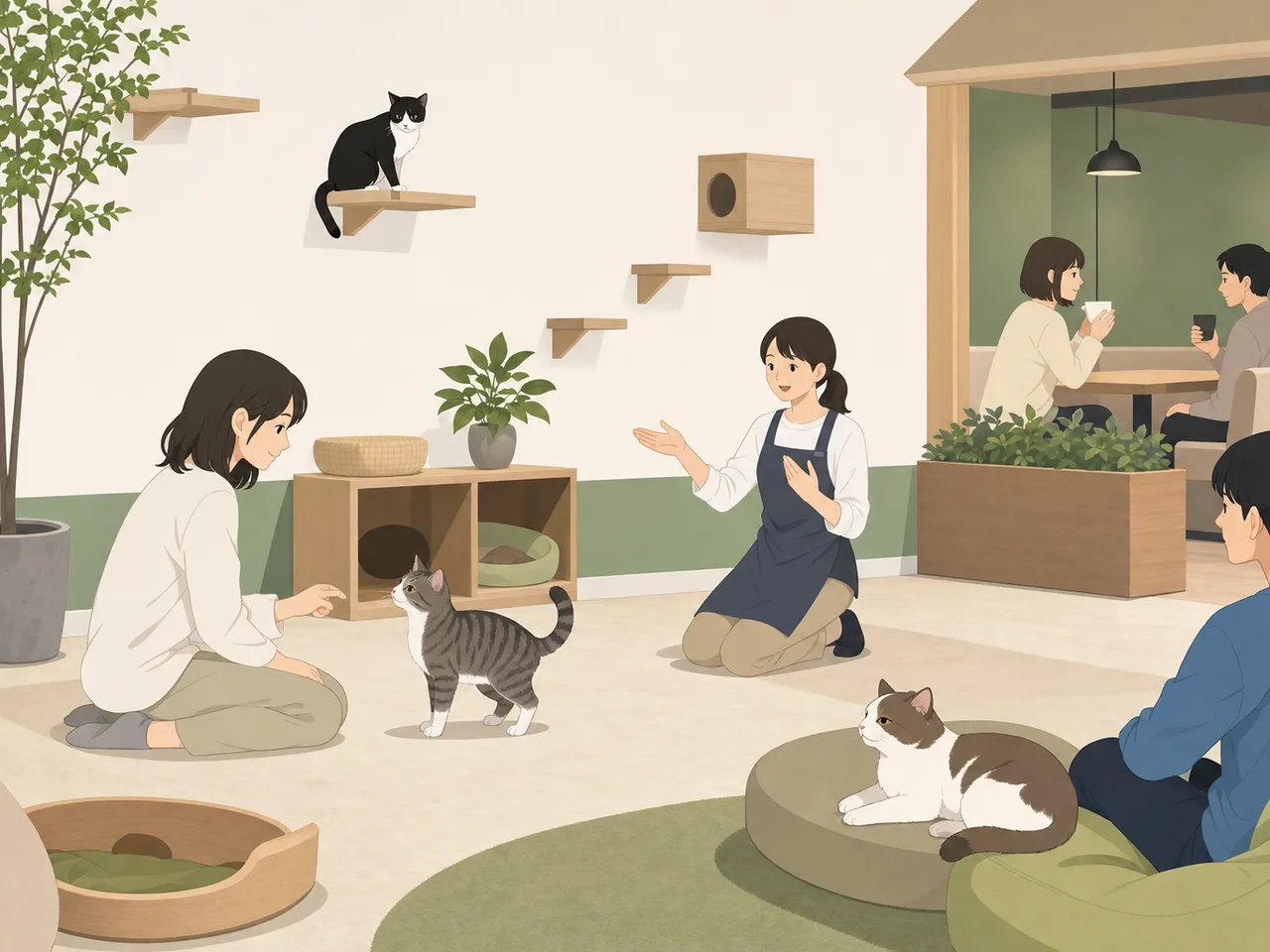 猫カフェで過ごす日本人（フラットイラスト）。猫カフェ、猫、動物福祉、くつろぎの記事向け素材です。