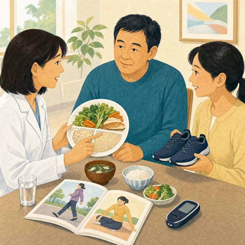 糖尿病の生活管理を学ぶ日本人（編集記事向け）。糖尿病、生活習慣、食事相談、健康管理の記事向け素材です。
