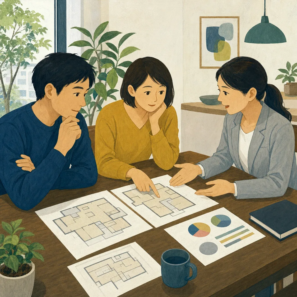 マンション購入を相談する日本人（編集記事向け）。マンション購入、住宅購入、資金計画、不動産の記事向け素材です。