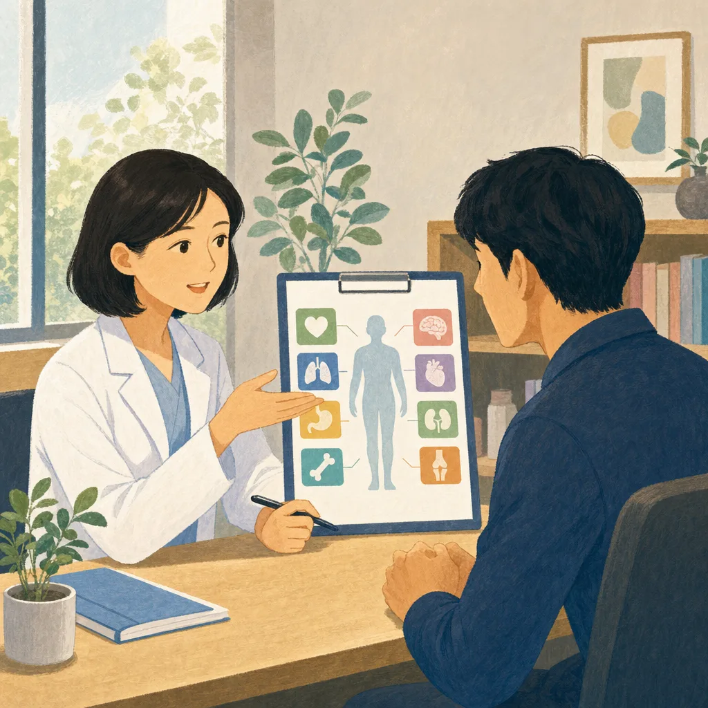 健康診断結果を説明する日本人医療者（編集記事向け）。健診結果説明、健康診断の結果、健康診断、予防医療の記事や案内に使える商用素材です。