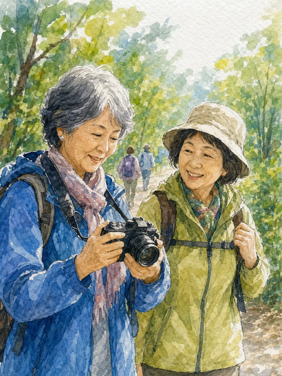 日本人シニア女性の日常（手描き水彩）。シニア女性、日常、趣味、自立した暮らしの記事向け素材です。