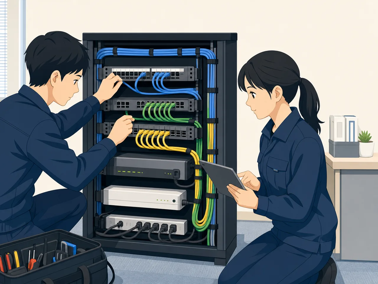 ネットワークを保守する日本人エンジニア（フラットイラスト）。ネットワークエンジニア、通信設備、保守、IT基盤の記事向け素材です。
