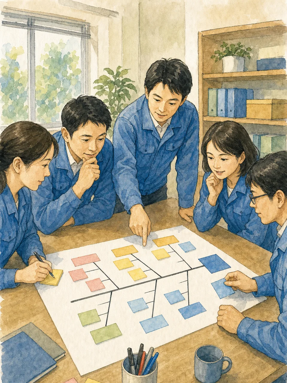 品質改善を検討する日本人チーム（手描き水彩）。品質改善会議、原因分析、品質管理、製造業の記事や案内に使える商用素材です。