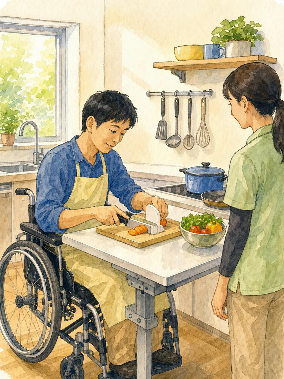 使いやすい台所で料理する日本人（手描き水彩）。アダプティブキッチン、障害者、自立生活、調理支援の記事や案内に使える商用素材です。