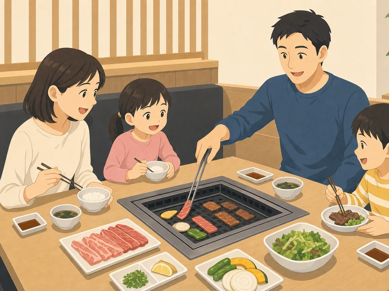 焼肉を楽しむ日本人家族（フラットイラスト）。焼肉、家族、外食、食事の記事に使える素材です。