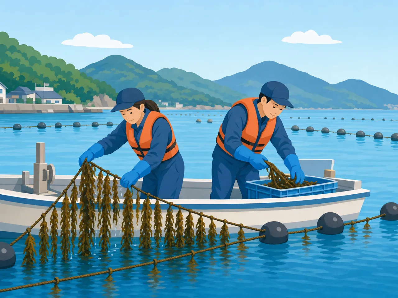 海藻を収穫する日本人漁業者（フラットイラスト）。海藻養殖、海苔、わかめ、水産業の記事や案内に使える商用素材です。
