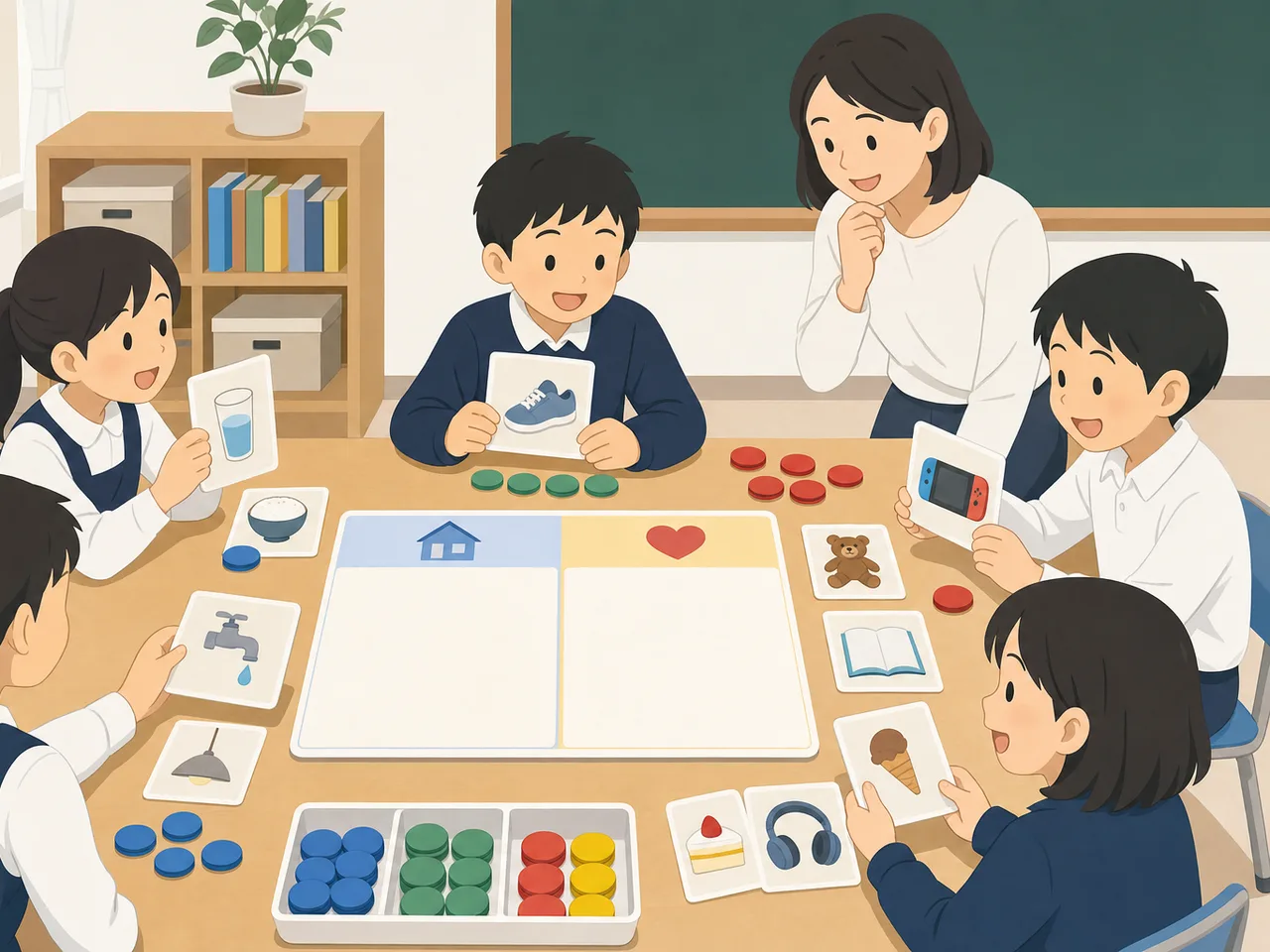 お金の使い方を学ぶ日本人の子ども（フラットイラスト）。金融教育、子ども、お金の教育、家計の記事や案内に使える商用素材です。