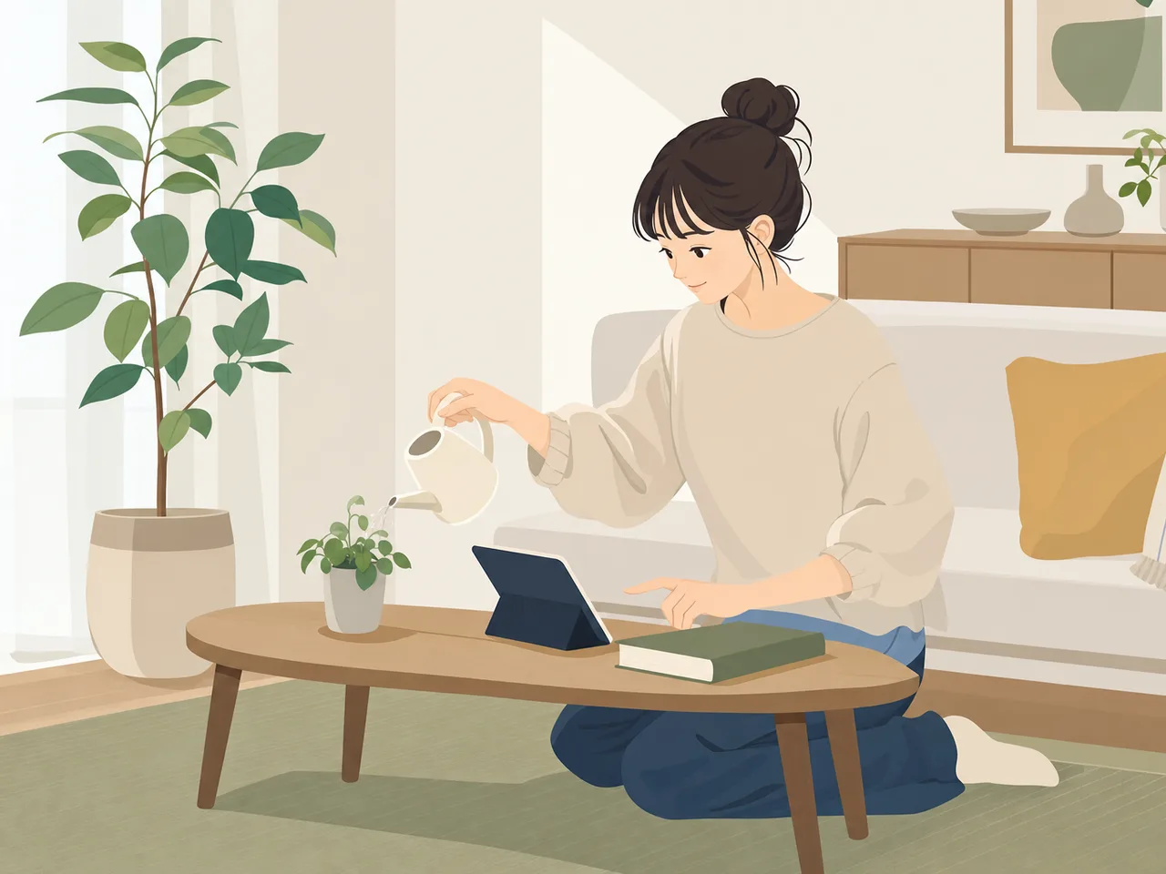 若い日本人女性の日常（フラットイラスト）。若い女性、一人時間、日常、ライフスタイルの記事向け素材です。