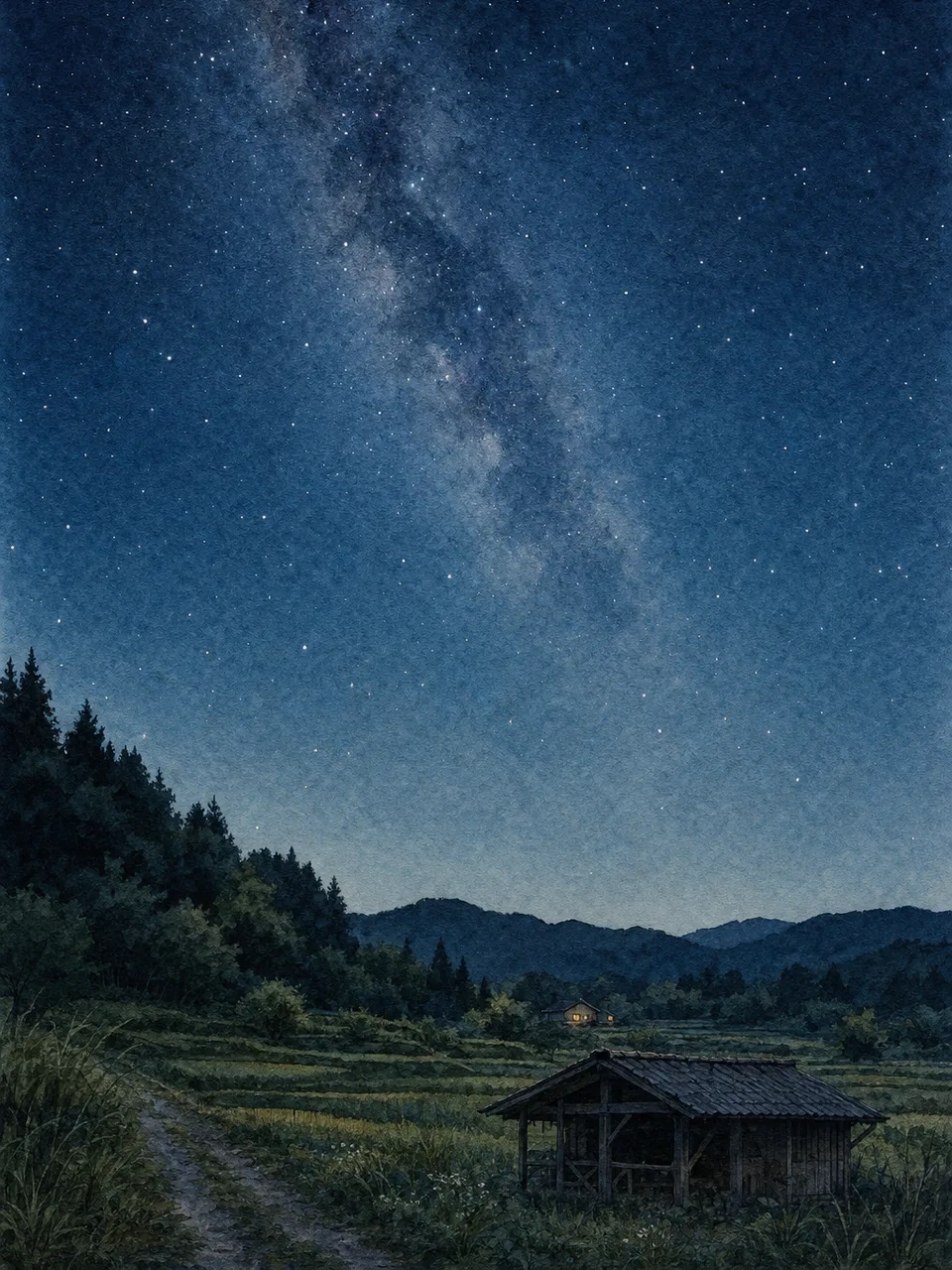 日本の里山に広がる星空（水彩フレーム）。星空、夜空、里山、自然背景のデザインに使える素材です。