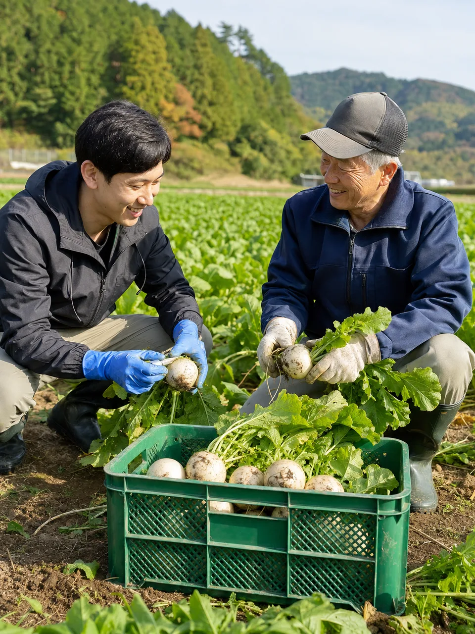 野菜を収穫する日本の農家（自然な縦位置写真）。農業、地産地消、一次産業、食育の記事に使える収穫素材です。