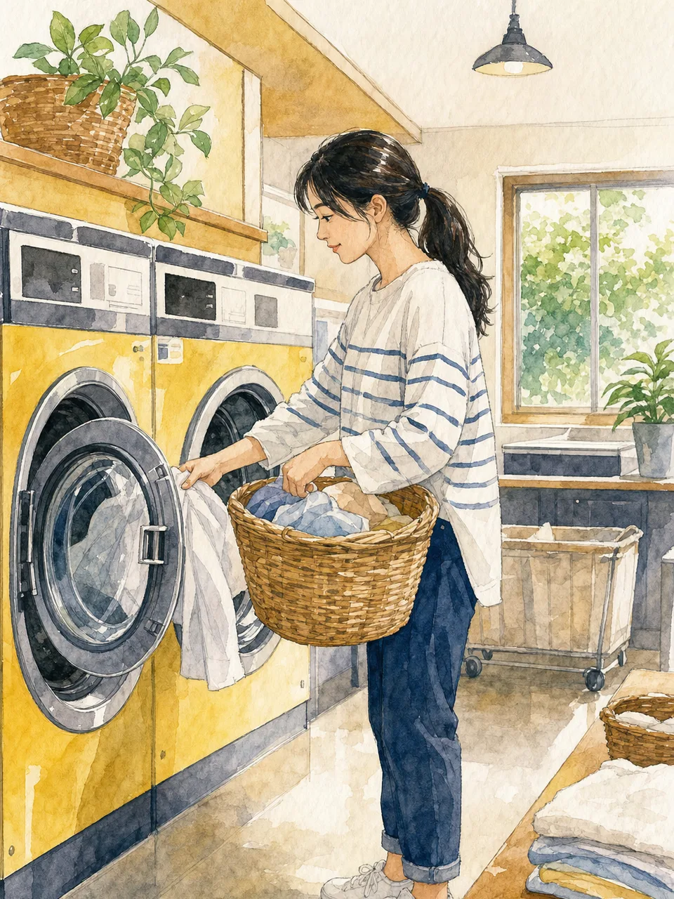 コインランドリーを利用する日本人（手描き水彩）。コインランドリー、洗濯、家事、暮らしの記事向け素材です。