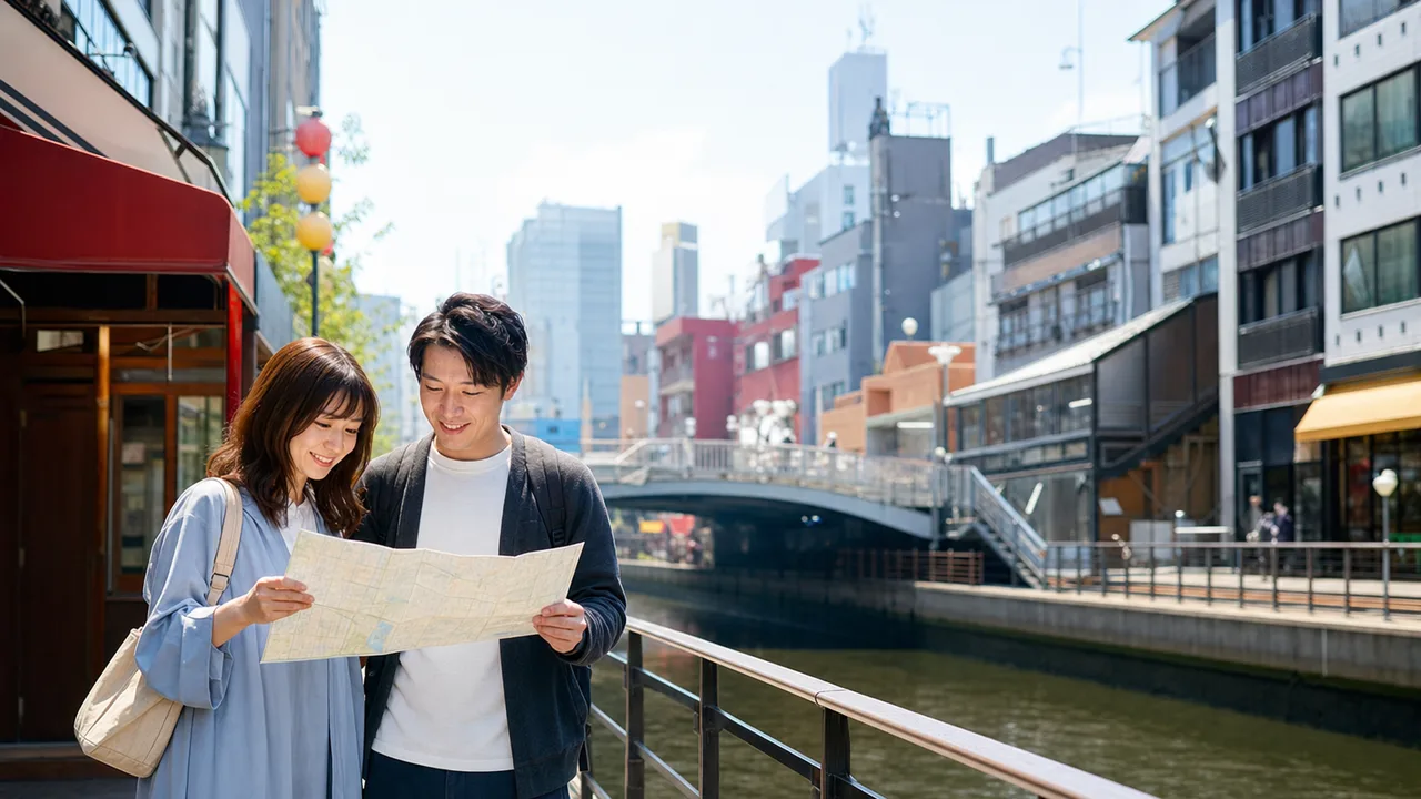 大阪の街歩きを楽しむ日本人旅行者（横長・コピースペース）。大阪、国内旅行、街歩き、都市観光の記事向け素材です。