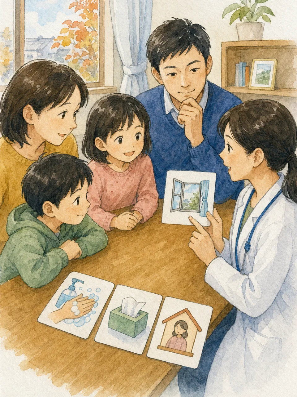 インフルエンザ対策を確認する日本人（手描き水彩）。インフルエンザ、感染対策、予防、医療相談の記事向け素材です。
