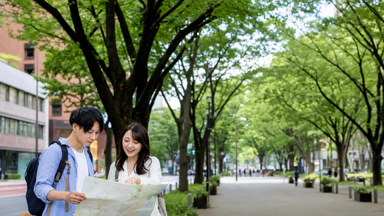 仙台の緑ある街を歩く日本人旅行者（横長・コピースペース）。仙台、東北旅行、街歩き、都市観光の記事向け素材です。