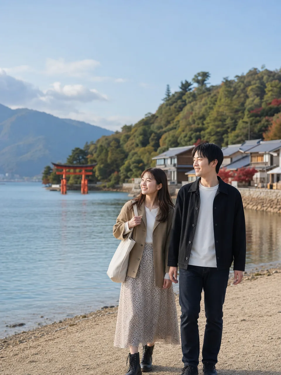 宮島の海辺を訪れる日本人旅行者（自然な縦位置写真）。宮島、瀬戸内、島旅、国内旅行の記事向け素材です。