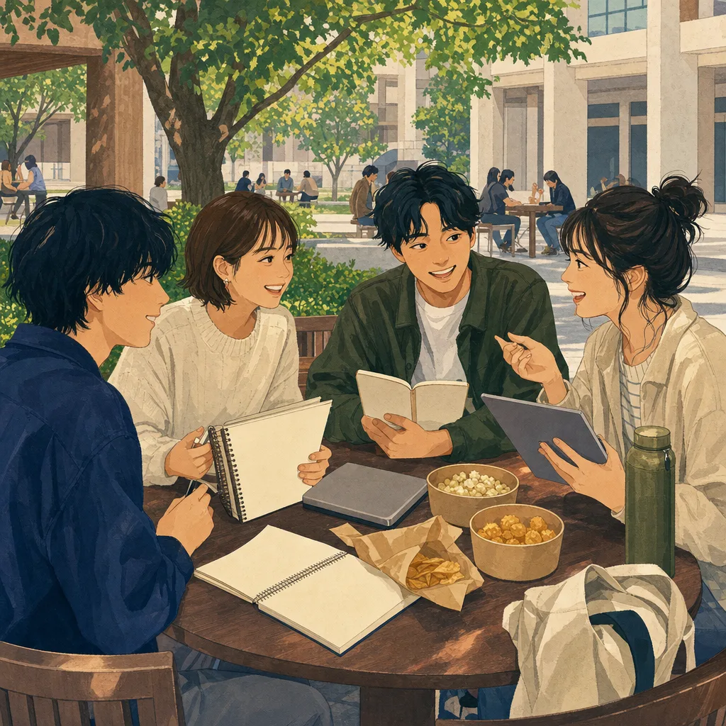 キャンパスで過ごす日本人大学生の友人（編集記事向け）。大学生の友人、キャンパス、友情、学生生活の記事向け素材です。