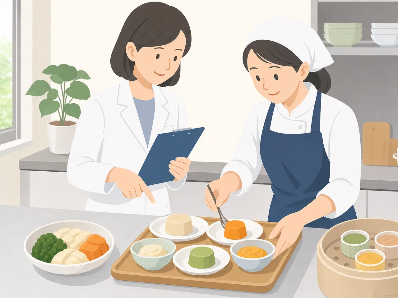 食べやすい食事を整える日本人専門職（フラットイラスト）。嚥下調整食、介護食、食べやすい食事、高齢者の記事や案内に使える商用素材です。