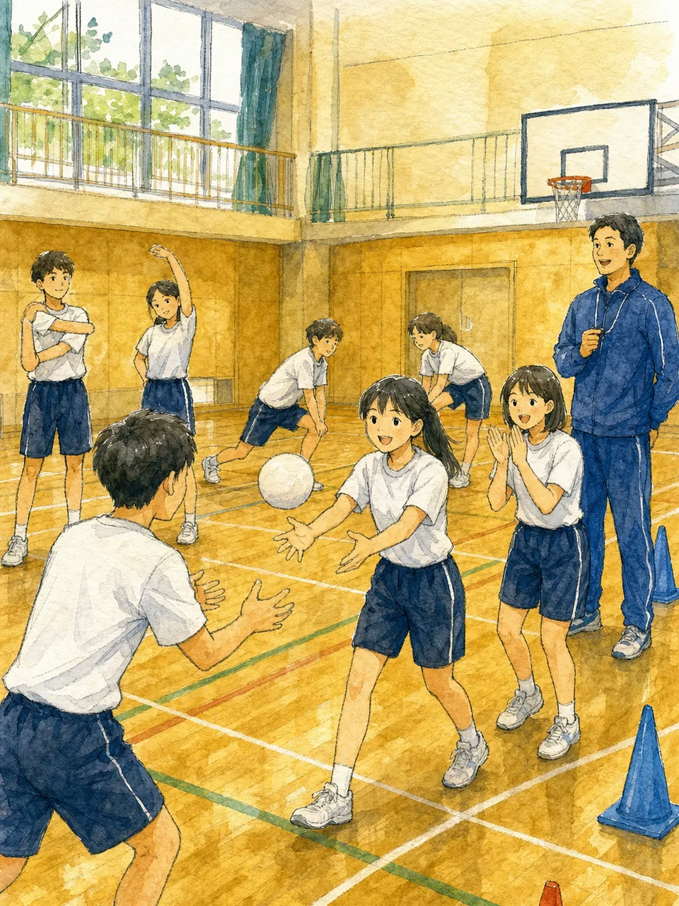 部活動に励む日本人中高生（手描き水彩）。部活動、中学生、高校生、チームワークの記事向け素材です。