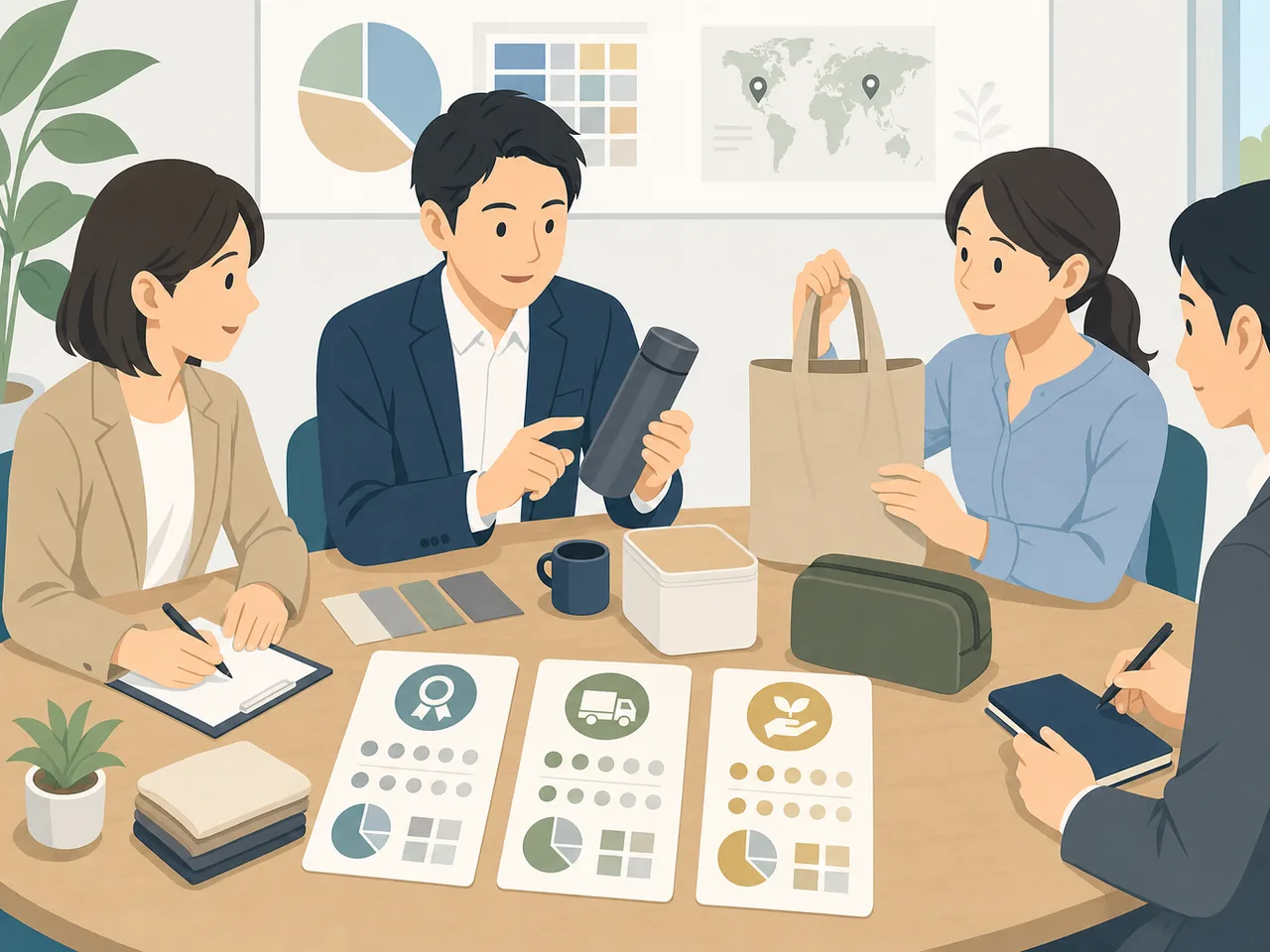 取引先を評価する日本人の調達チーム（フラットイラスト）。取引先評価、サプライヤー評価、調達、購買の記事や案内に使える商用素材です。