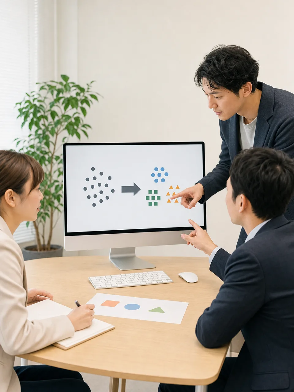 データ匿名化を確認する日本人チーム（自然な縦位置写真）。データ匿名化、個人情報、データ保護、仮名加工の記事や案内に使える商用素材です。