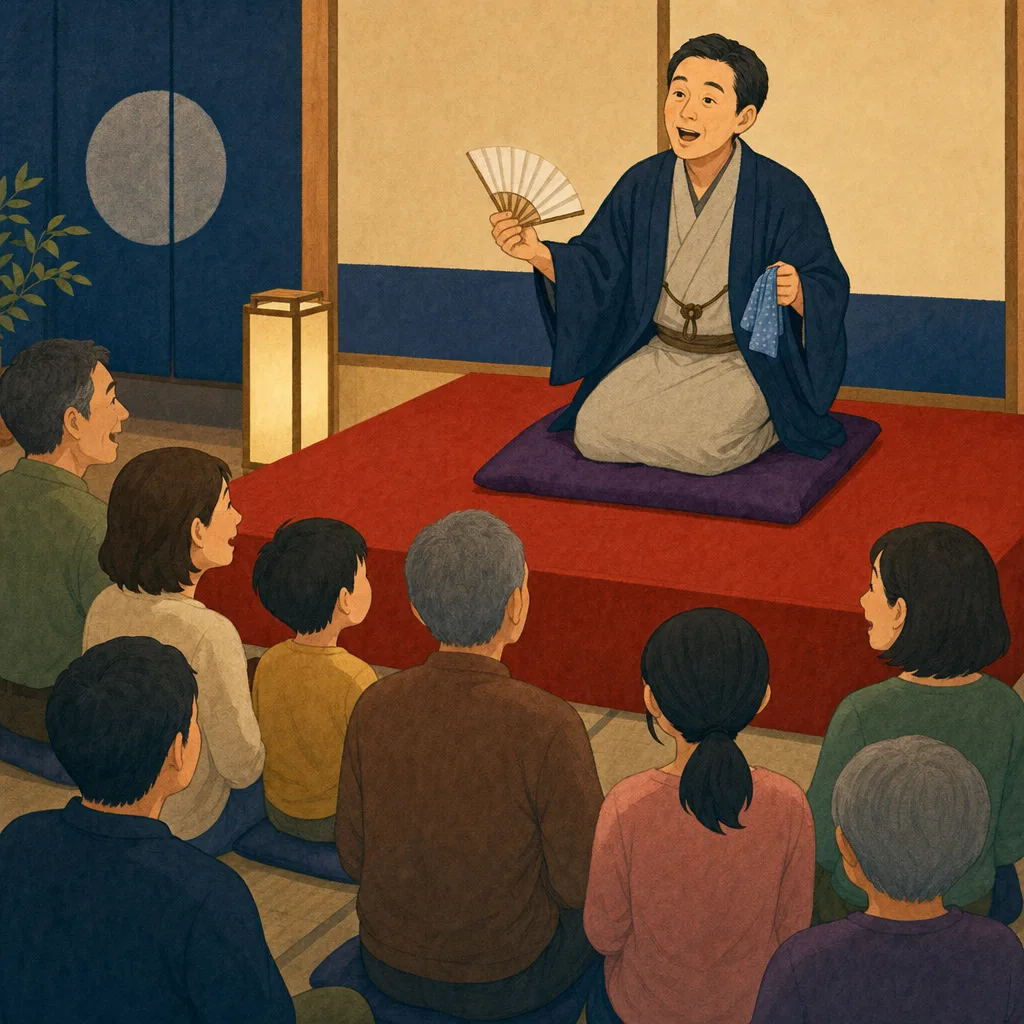 落語を楽しむ日本人観客（編集記事向け）。落語、寄席、伝統芸能、日本文化の記事や案内に使える商用素材です。