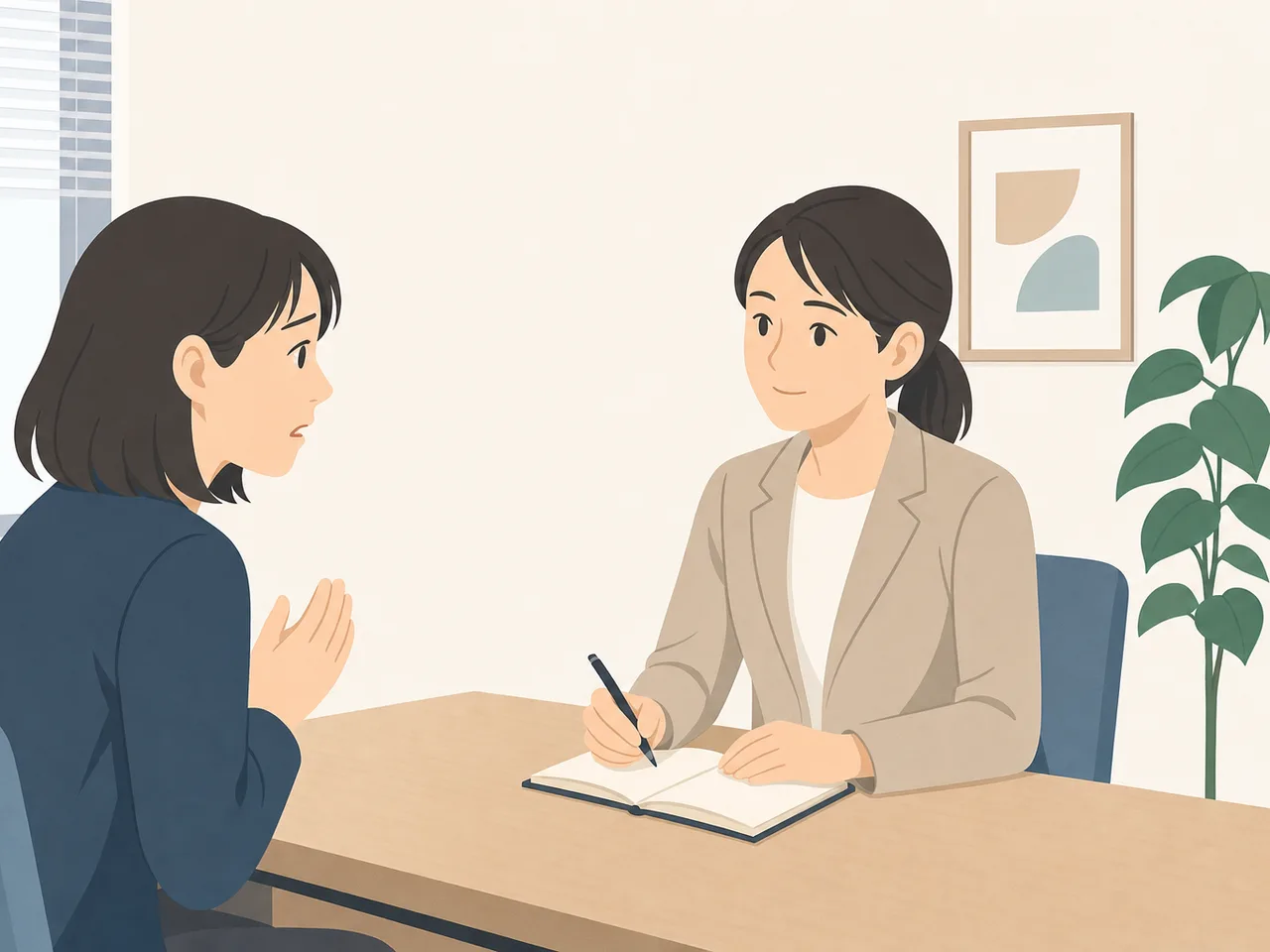 職場の悩みを相談する会社員（フラットイラスト）。ハラスメント対策、社内相談窓口、労務、メンタルケアの記事向け素材です。
