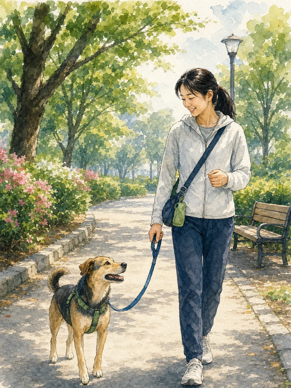 犬と散歩する日本人（手描き水彩）。犬の散歩、ペット、健康、地域生活の記事に使える日常素材です。