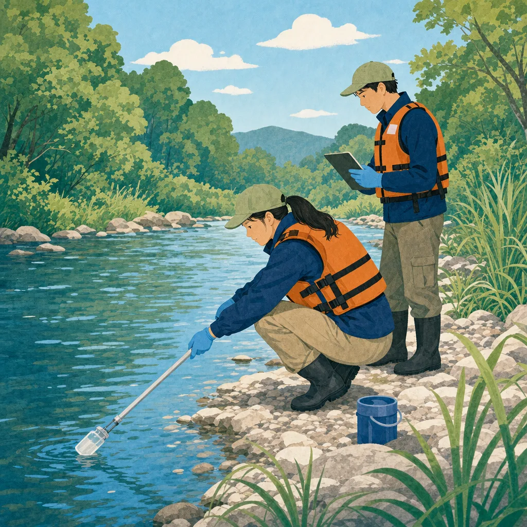川の水質を調べる日本人調査員（編集記事向け）。河川水質調査、水質検査、環境調査、川の記事や案内に使える商用素材です。