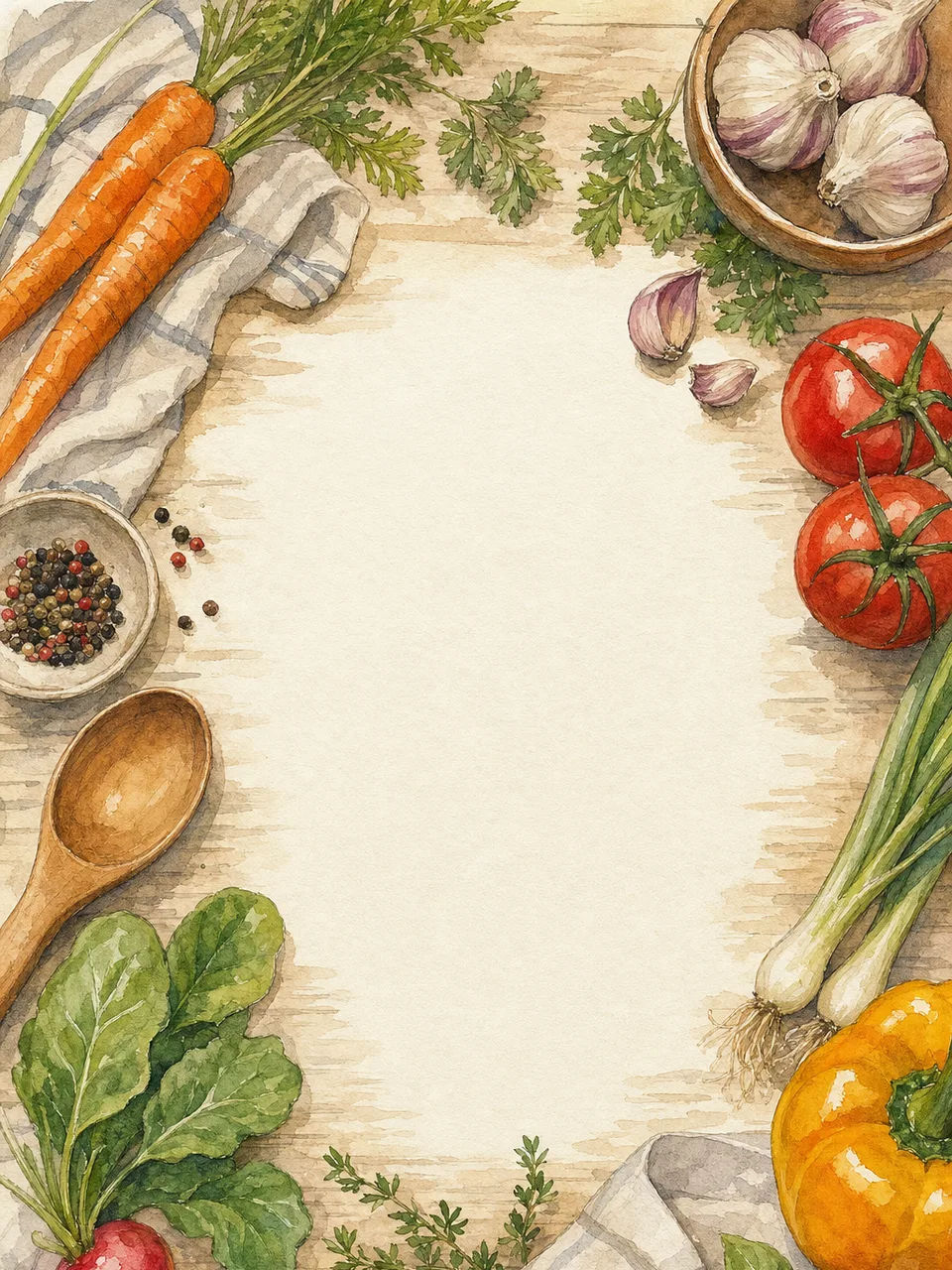 家庭料理を表す料理背景（水彩フレーム）。料理背景、家庭料理、レシピ、食品記事向け素材です。