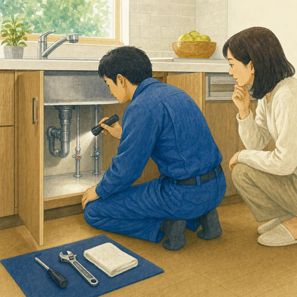 水回りを点検する日本人配管工（編集記事向け）。配管工、水道修理、住宅設備、メンテナンスの記事向け素材です。