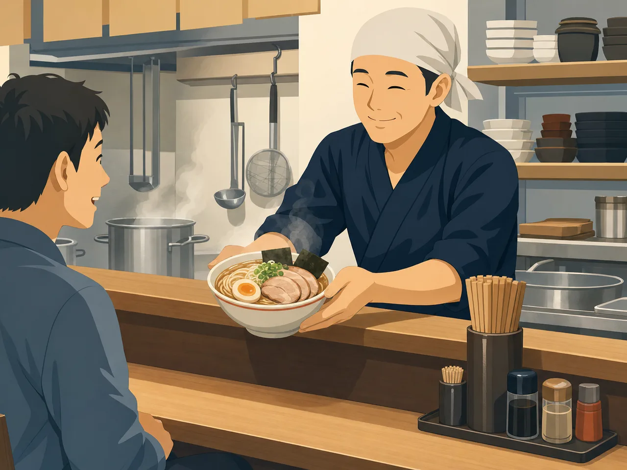 ラーメンを提供する日本人店主（フラットイラスト）。飲食店、外食、地域グルメ、求人記事に使えるラーメン店の素材です。