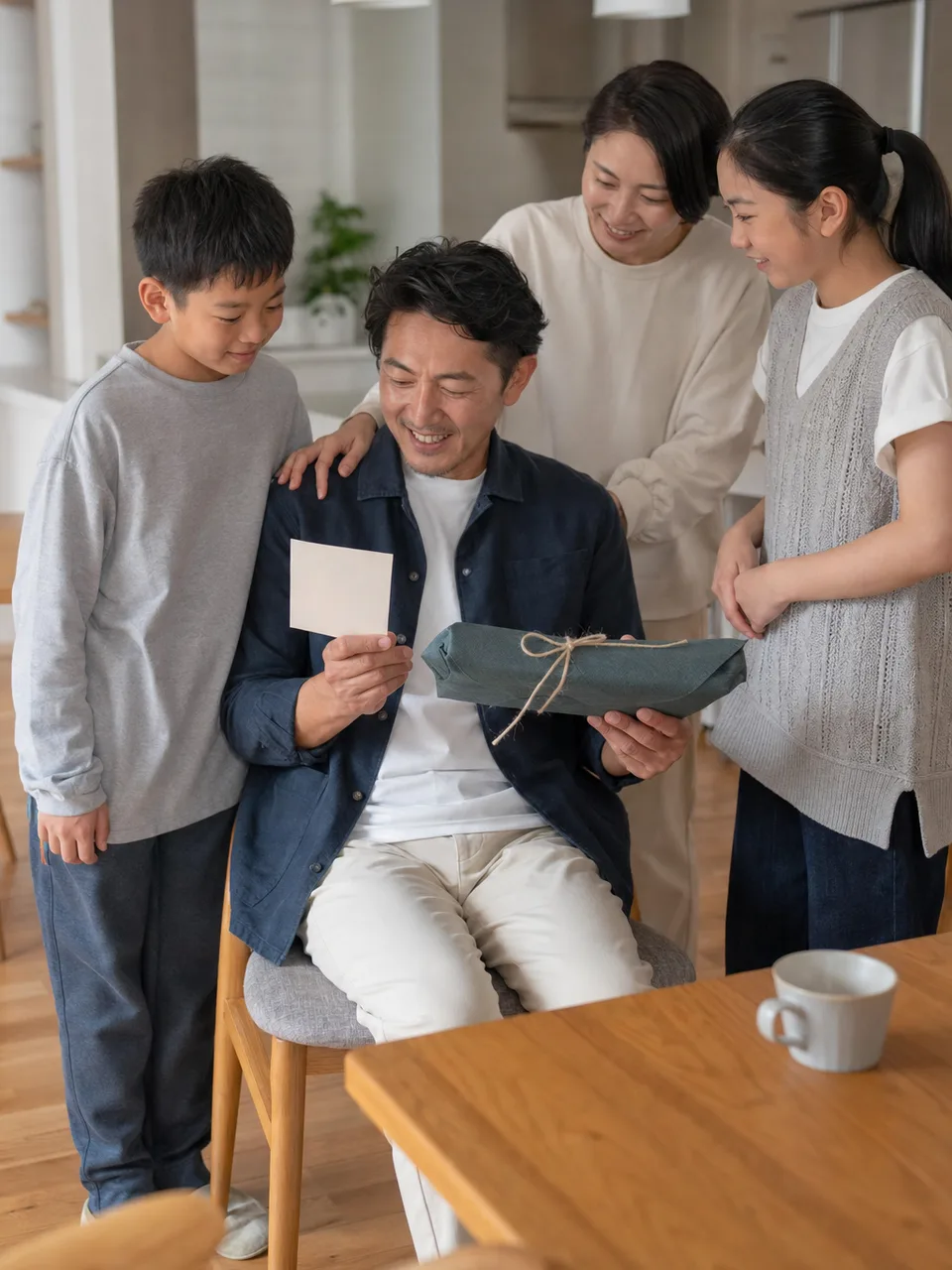 父の日に感謝を伝える日本人家族（自然な縦位置写真）。父の日、家族、感謝、初夏の行事の記事向け素材です。