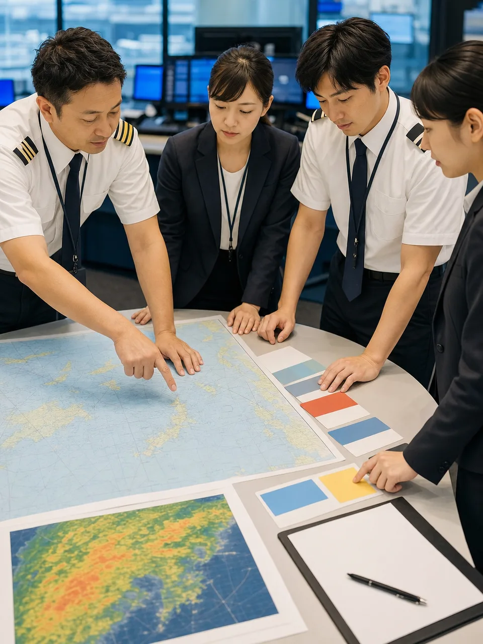 運航計画を確認する日本人ディスパッチャー（自然な縦位置写真）。運航管理者、フライトディスパッチャー、航空、運航計画の記事や案内に使える商用素材です。