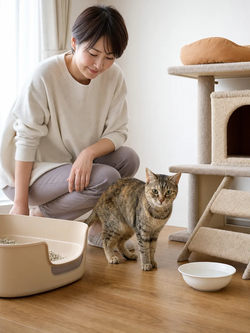 老猫をやさしく見守る日本人（自然な縦位置写真）。老猫介護、シニア猫、ペットケア、暮らしの記事向け素材です。