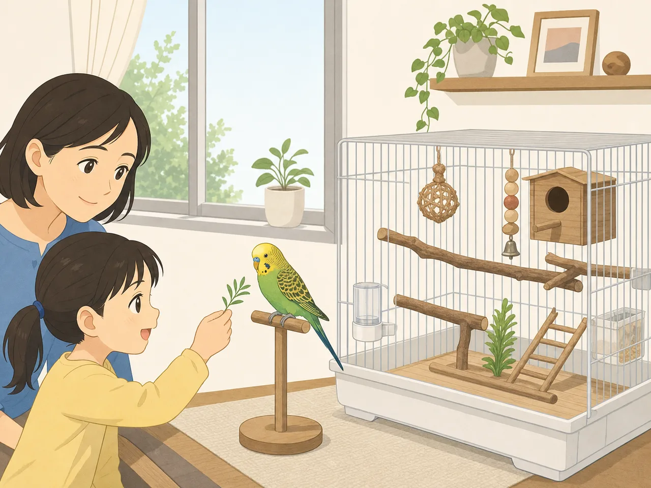 インコを世話する日本人家族（フラットイラスト）。インコ、鳥、小動物、ペットケアの記事向け素材です。
