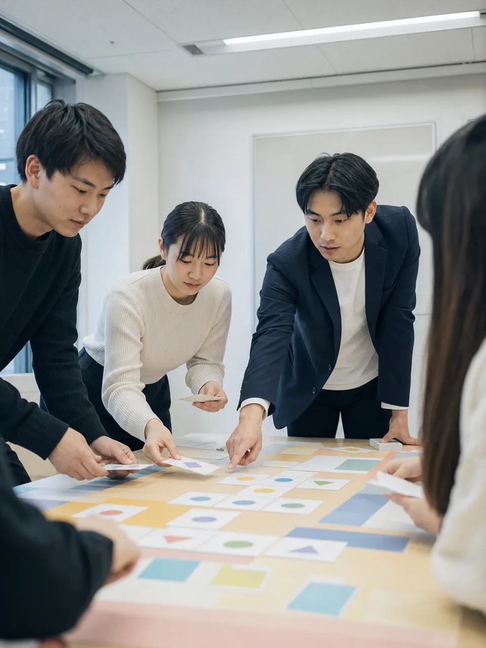 就職活動の自己分析をする日本人学生（自然な縦位置写真）。就活の自己分析、自己分析ワークショップ、就職活動、大学生の記事や案内に使える商用素材です。