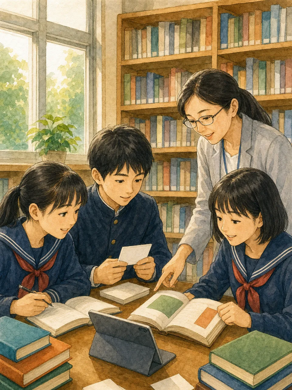 図書館で調べ学習をする日本人学生（手描き水彩）。調べ学習、図書館教育、情報検索、学校図書館の記事や案内に使える商用素材です。