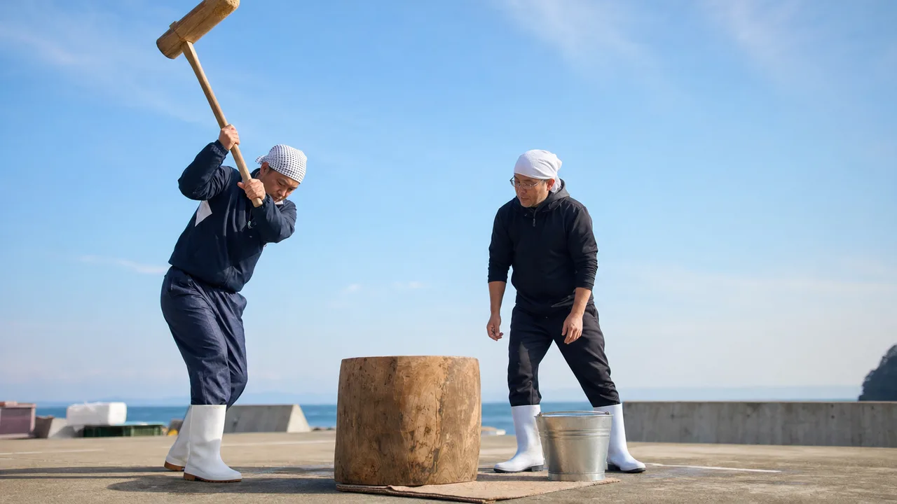 餅つきをする日本人地域住民（横長・コピースペース）。餅つき、正月準備、地域行事、伝統文化の記事や案内に使える商用素材です。