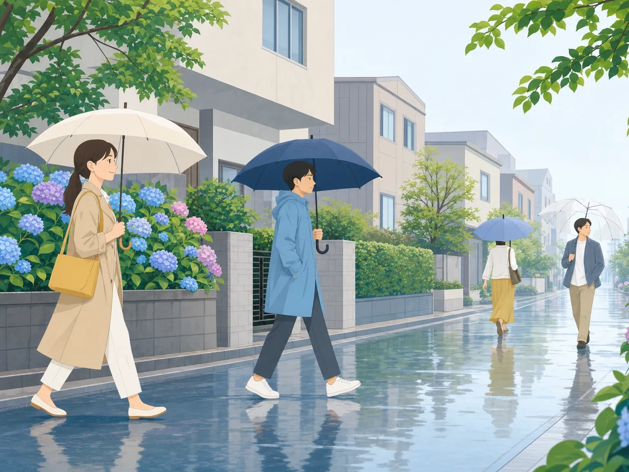 梅雨の街を歩く日本人（フラットイラスト）。梅雨、雨、通勤、暮らしの記事に使える季節素材です。