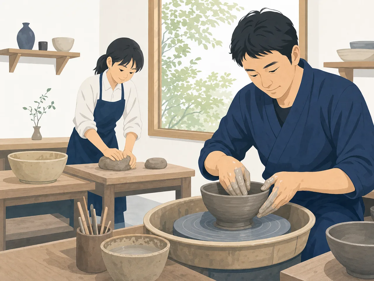 器を作る日本人陶芸家（フラットイラスト）。陶芸家、陶芸、工房、伝統工芸の記事に使える職人素材です。