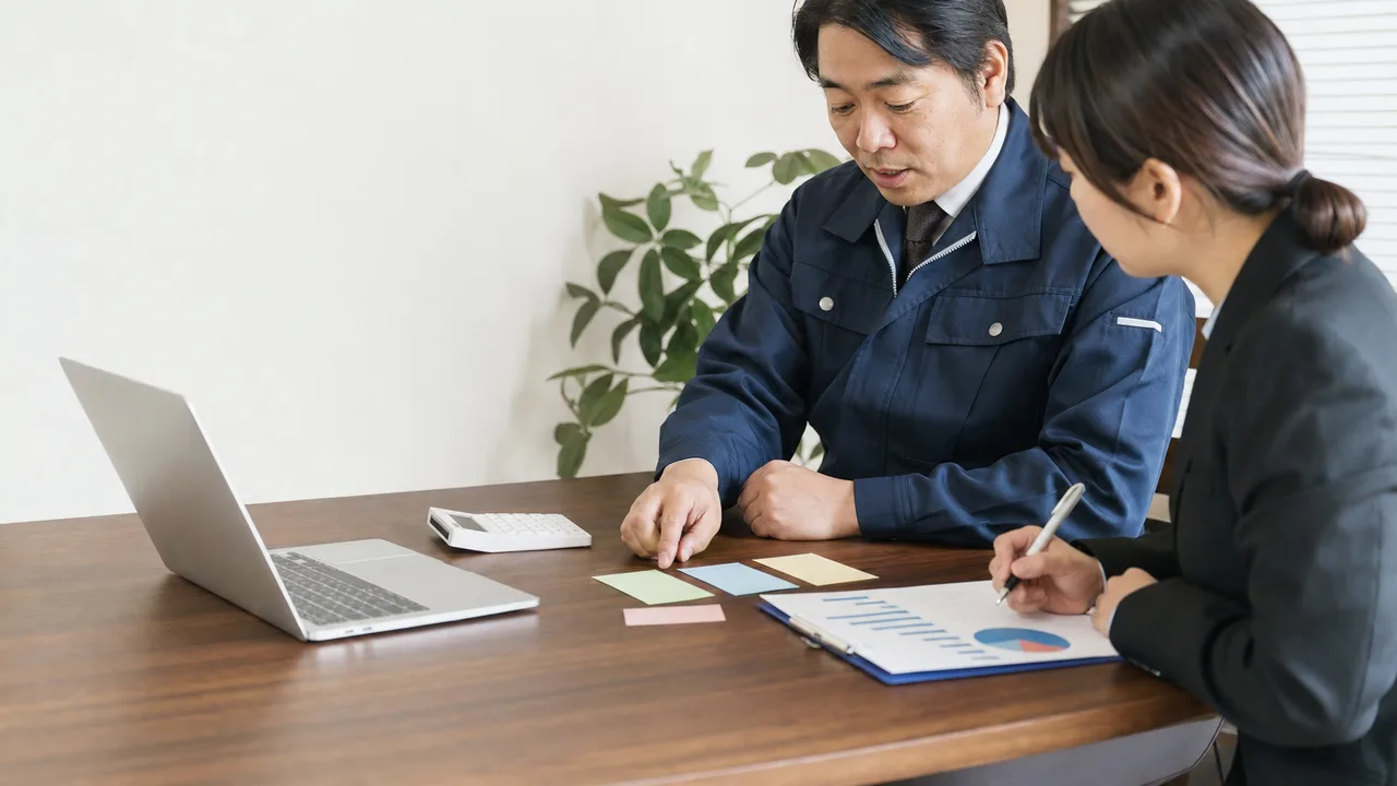資金繰りを確認する日本の中小企業（横長・コピースペース）。資金繰り、中小企業、経営、会計の記事や案内に使える商用素材です。