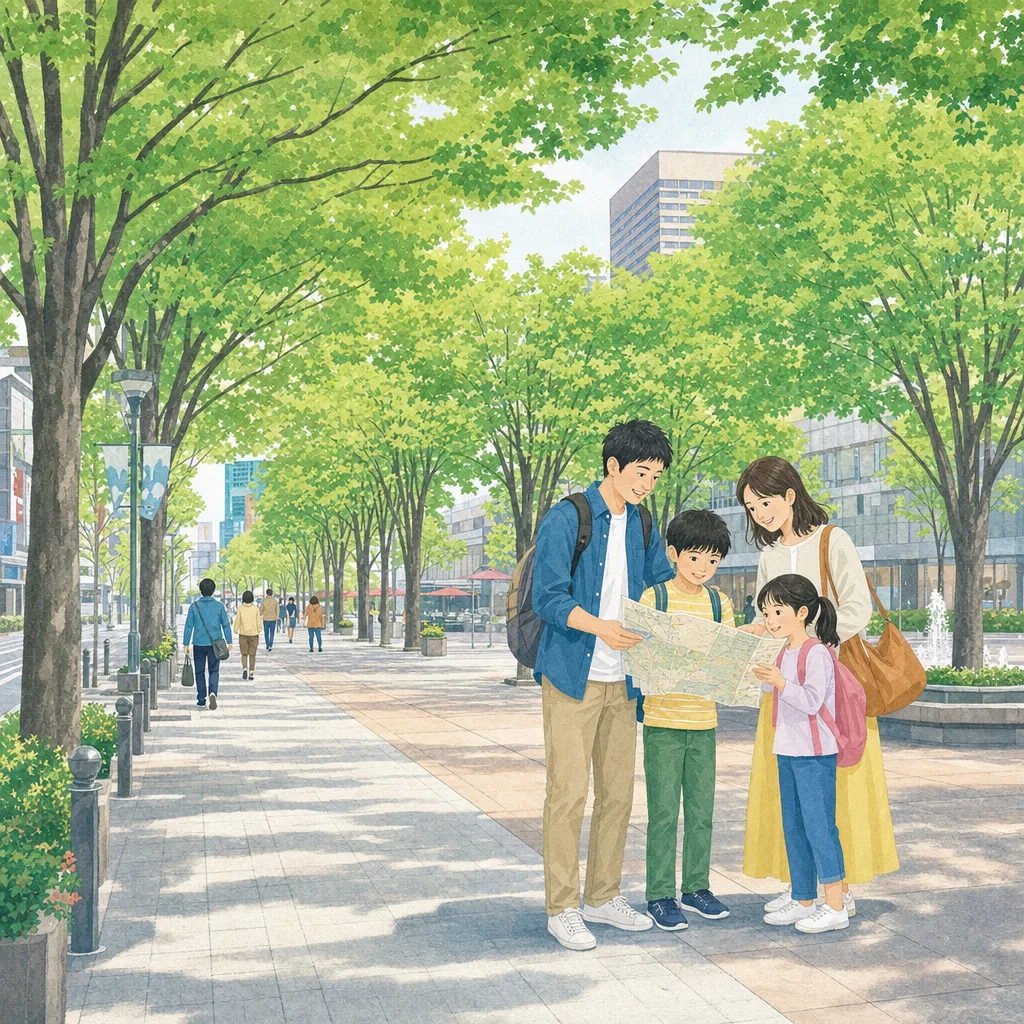 仙台の緑ある街を歩く日本人旅行者（編集記事向け）。仙台、東北旅行、街歩き、都市観光の記事向け素材です。