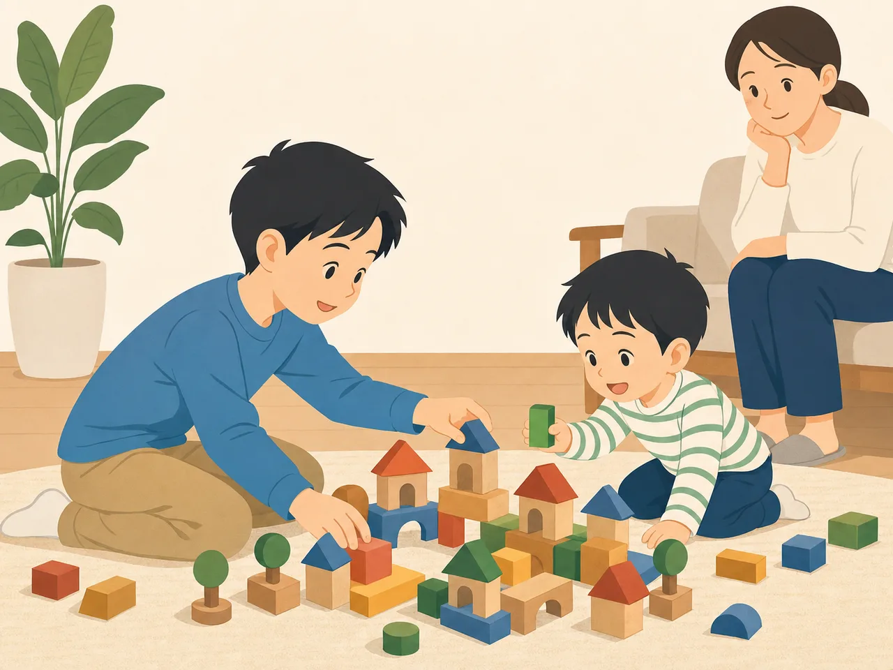 一緒に遊ぶ日本人の兄弟（フラットイラスト）。兄弟、きょうだい、子ども、協力をテーマにした記事向け素材です。