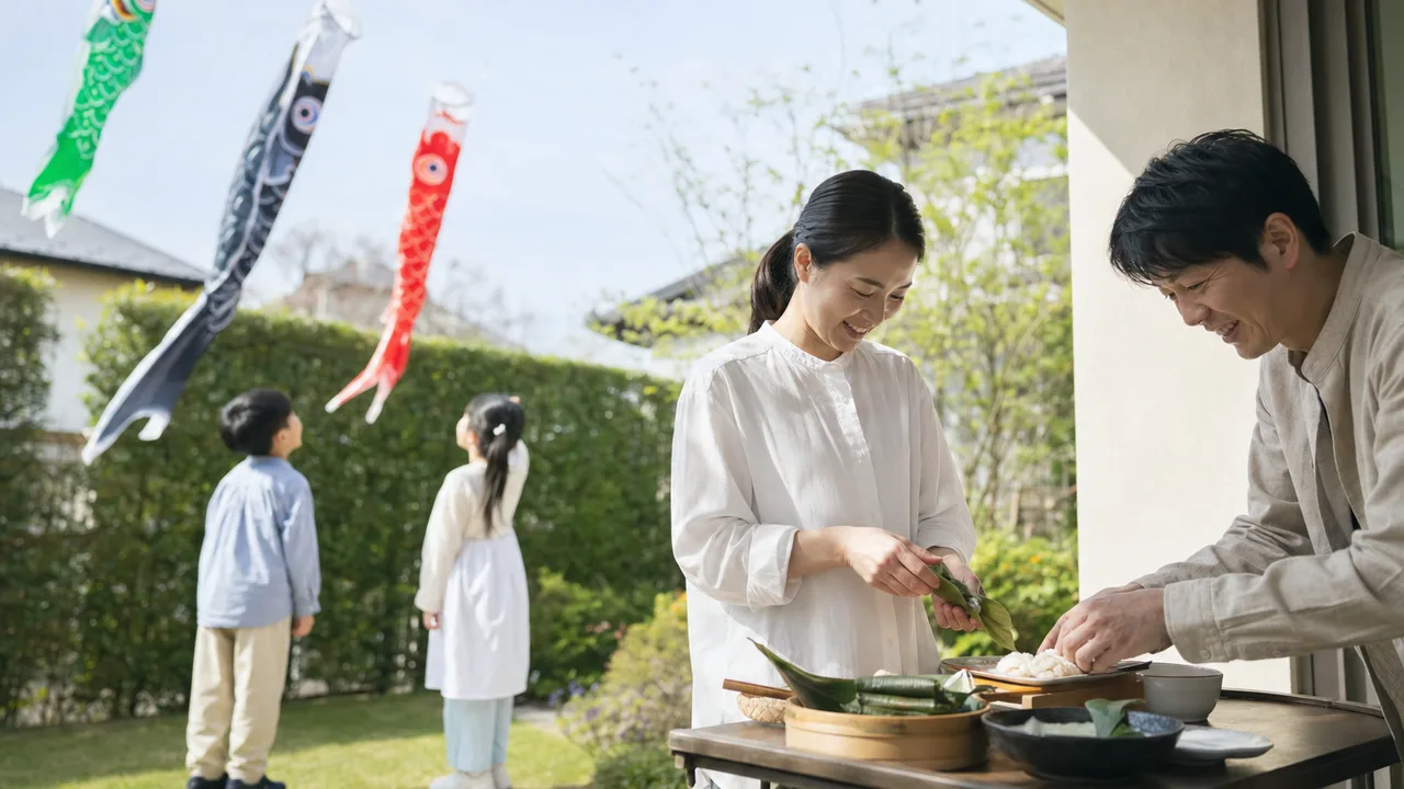 こどもの日を祝う日本人家族（横長・コピースペース）。こどもの日、鯉のぼり、家族、春の行事の記事向け素材です。