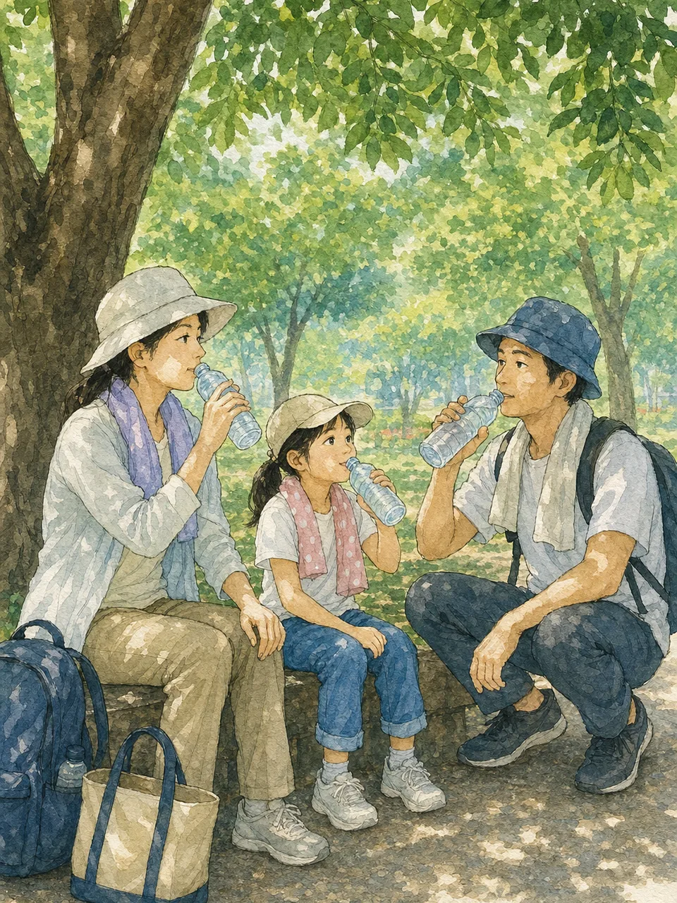 夏に水分補給をする日本人（手描き水彩）。夏の水分補給、暑さ対策、休憩、屋外活動の記事向け素材です。