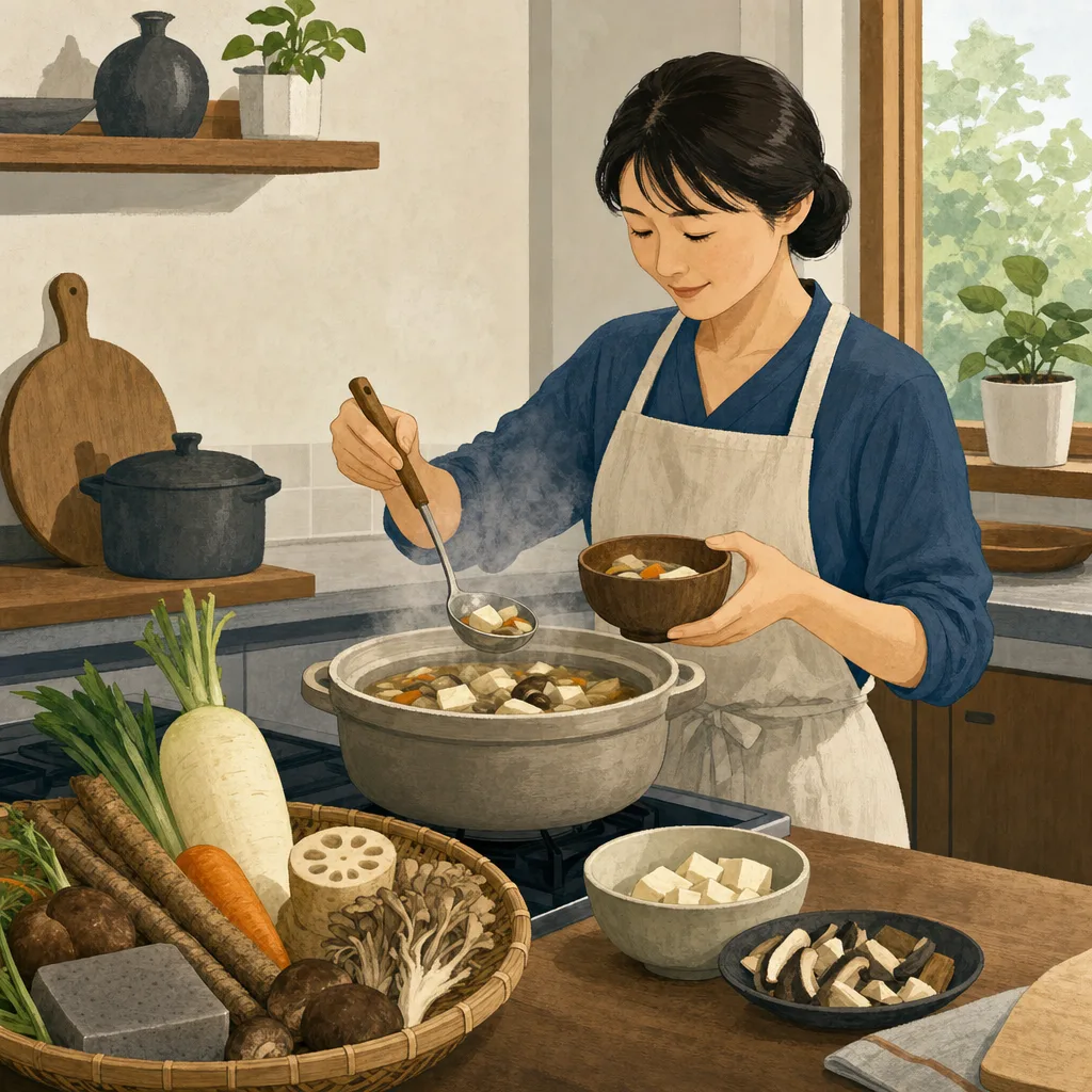 けんちん汁を作る日本人（編集記事向け）。けんちん汁、根菜料理、家庭料理、和食の記事や案内に使える商用素材です。