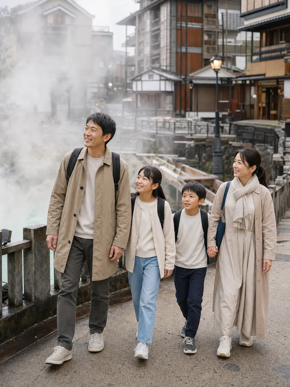 群馬の温泉街を歩く旅行者（自然な縦位置写真）。群馬旅行、温泉街、温泉旅行、関東旅行の記事や案内に使える商用素材です。